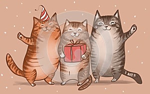 Artistic cute beautiful cheerful happy card with three cats. happy birthday