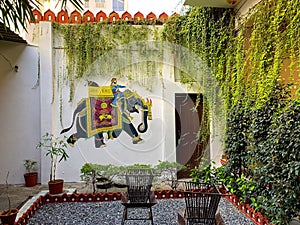 Artistic decorated traditional patio garden in Udaipur, Rajasthan, India