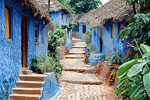 Artistic depiction of an African village with traditional mud houses