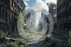 Artistic depiction of a deserted city street overgrown with vegetation and in ruins