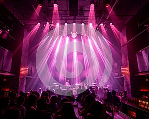 An artistic depiction of a dimly lit concert stage with illuminated figures, showcasing god rays, music instruments, and a lively