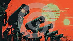 Artistic depiction of a dystopian surveillance society with multiple cctv cameras against a sunset