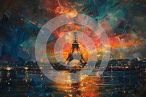 Artistic depiction of Eiffel Tower at night with water, clouds, and sky