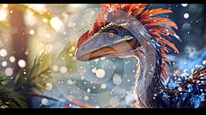 An artistic depiction of a feathered dinosaur with feathers of varying sizes and shapes hinting at the diversity and