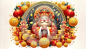Artistic depiction of the joyful Caishen, the god of wealth, with traditional gold ingots and red lanterns, celebrating the