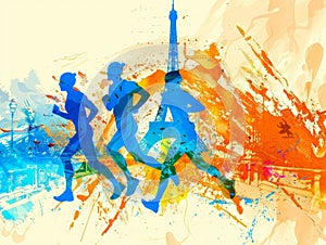 An artistic depiction of marathon runners in motion, set against the iconic Eiffel Tower and Paris skyline, awash in