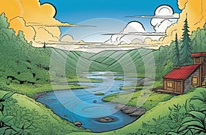 Artistic depiction of a river flowing past a house in a natural landscape