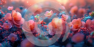 Artistic depiction of vibrant flowers amidst mystical glowing orbs