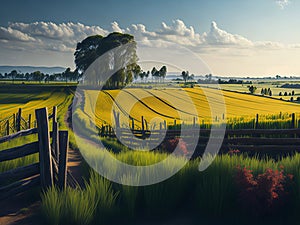 Artistic depictions of rural landscapes, farms, and fields. photo