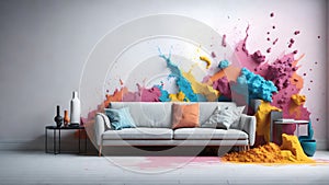 Artistic Desaturated Holi Powder Paint Splashes Adorn Modern Living Room Wall