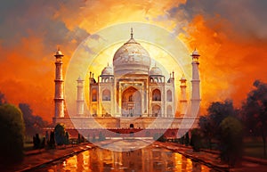 artistic digital painting of the taj mahal at sunset with vivid orange hues