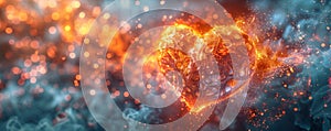 An artistic digital rendering of a fiery heart shaped sculpture surrounded by sparkling bokeh lights and smoke