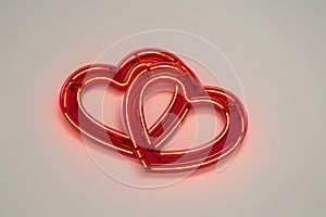 An artistic digital rendition of a neon sign featuring two interlinked hearts, glowing in a deep red hue for Valentine's Day