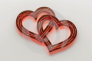 An artistic digital rendition of a neon sign featuring two interlinked hearts, glowing in a deep red hue for Valentine's Day