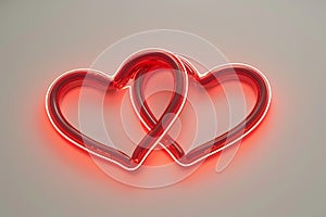 An artistic digital rendition of a neon sign featuring two interlinked hearts, glowing in a deep red hue for Valentine's Day