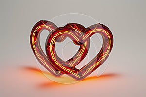 An artistic digital rendition of a neon sign featuring two interlinked hearts, glowing in a deep red hue for Valentine's Day