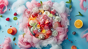 Artistic display of a fruit dessert surrounded by swirling smoke, creating a dreamlike atmosphere photo