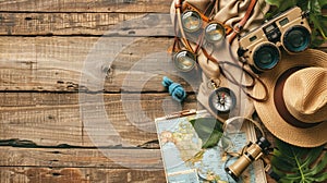 Artistic display Hiking boots, binoculars, compass, and map on a wooden table AIG50