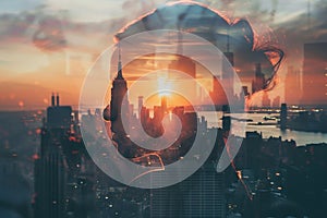 Artistic double exposure photo featuring a silhouette with city skyline during sunset