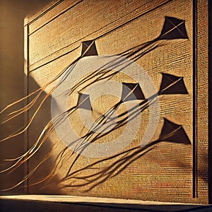 Abstract Shadows of Flying Kites on Textured Brick Wall AI-GENERATED