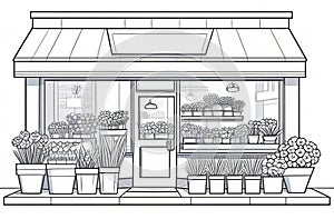 Artistic drawing of flower shop facade with potted plants