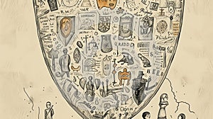 Intricate Artistic Shield Depicting Various Symbols photo