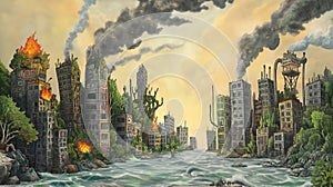 Artistic dystopian cityscape with buildings aflame and smoke rising