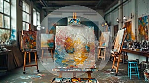 Artistic easels with suspended brushes, creating an atmosphere of creativity in an art studi