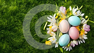 Artistic Easter background with eggs, spring flowers, top view