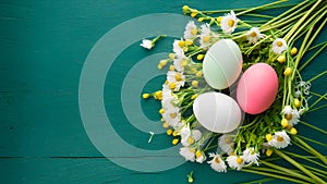 Artistic Easter background with eggs, spring flowers, top view