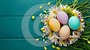 Artistic Easter background with eggs, spring flowers, top view