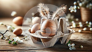 Artistic Easter composition with eggs and feathers in carton on rustic wooden table