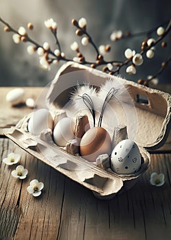 Artistic Easter composition with eggs and feathers in carton on rustic wooden table