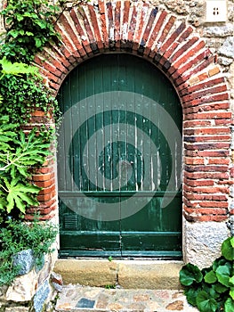 Artistic, enchanting green door, vegetation and fascination in Spain