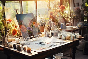 Artistic equipment in a artist studio. Artist canvas on wooden easel and paint brushes