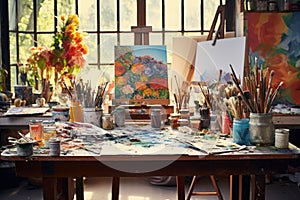 Artistic equipment in a artist studio. Artist canvas on wooden easel and paint brushes