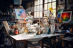 Artistic equipment in a artist studio. Artist canvas on wooden easel and paint brushes