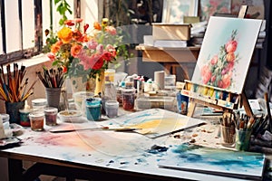 Artistic equipment in a artist studio. Artist canvas on wooden easel and paint brushes