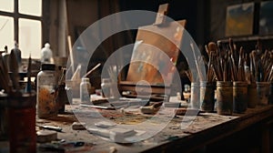 Artistic equipment easel, paint brushes on work table in a artist studio