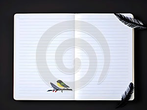 Artistic Flat Lay of an Open Notebook Adorned with Feathers