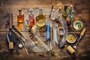 artistic flat lay of schnapps-making tools and ingredients