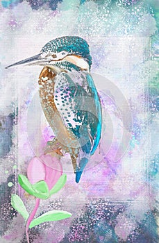 Artistic floral illustration with delicately painted watercolor birdy ,decorative flower .