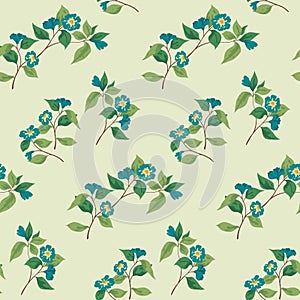 Artistic floral print on a white background. Seamless pattern with painted blue flowers on a branch. Vector