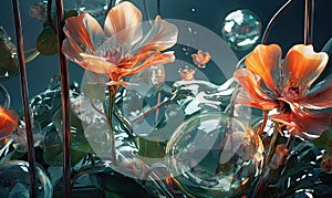 Artistic flower arrangement in a glass vase, bubbles and a glass sphere. Created by AI