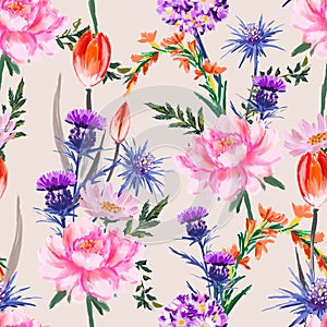 Artistic flower hand painted soft and gentle mood seamless pattern blooming floral in many kind og flowers vector EPS10 ,Design