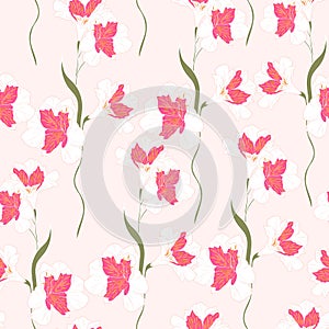 Artistic garden flower pattern on sketch line dash seamless pattern.