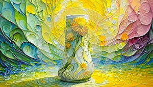 An artistic generated concept image of a unique ceramic vase on a colourful background