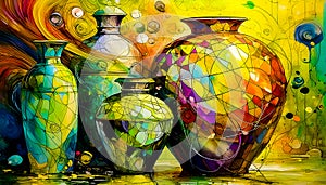 An artistic generated concept image of a unique ceramic vase on a colourful background