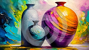 An artistic generated concept image of a unique ceramic vase on a colourful background