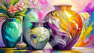 An artistic generated concept image of a unique ceramic vase on a colourful background